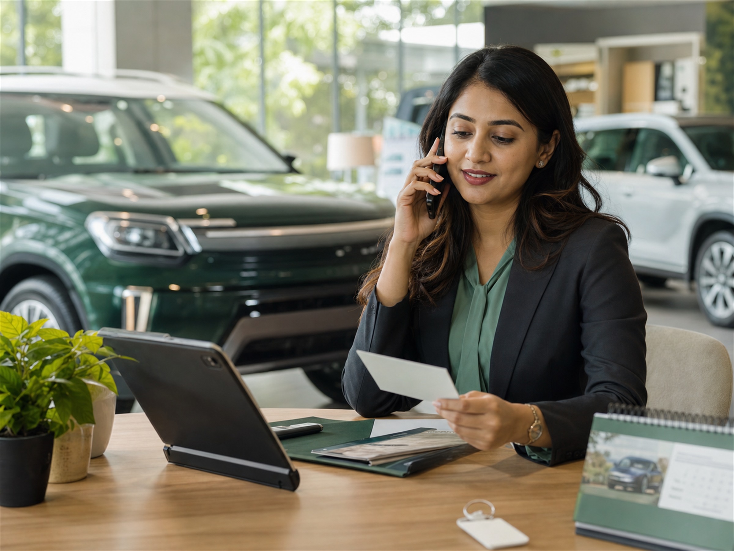 Indian automobile showroom executive coordinating a customer appointment by phone