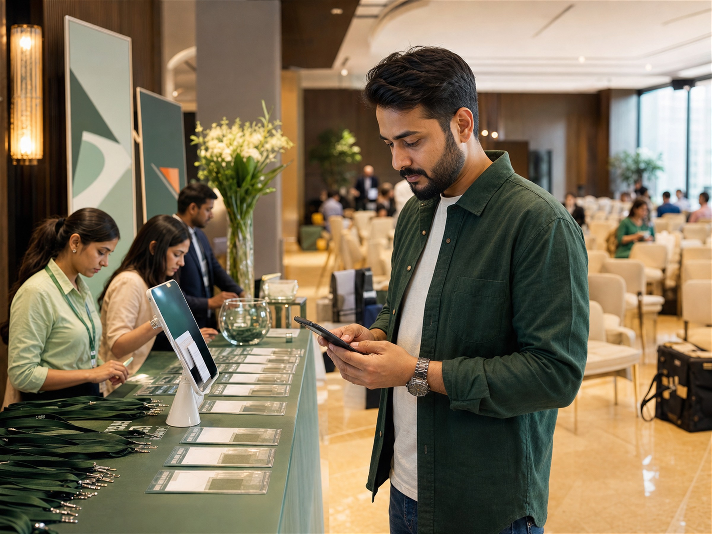 Indian event organiser coordinating registrations on a smartphone at a conference venue