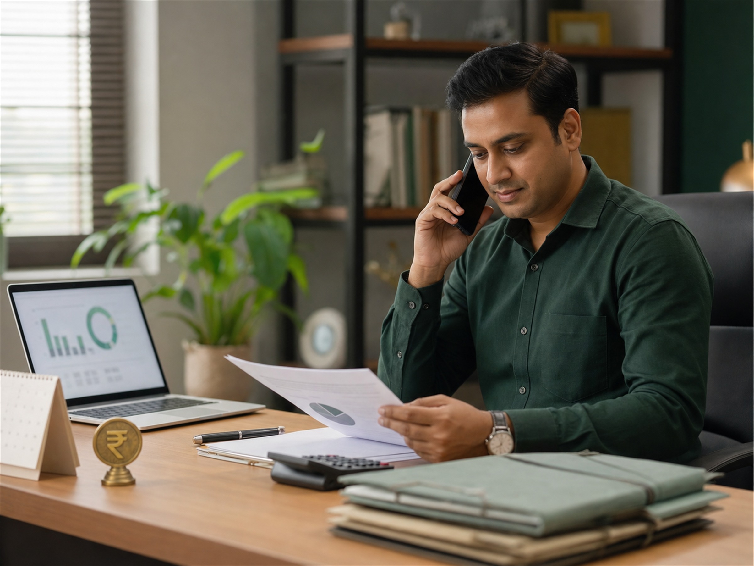 Indian financial advisor reviewing client documents while managing a phone follow-up