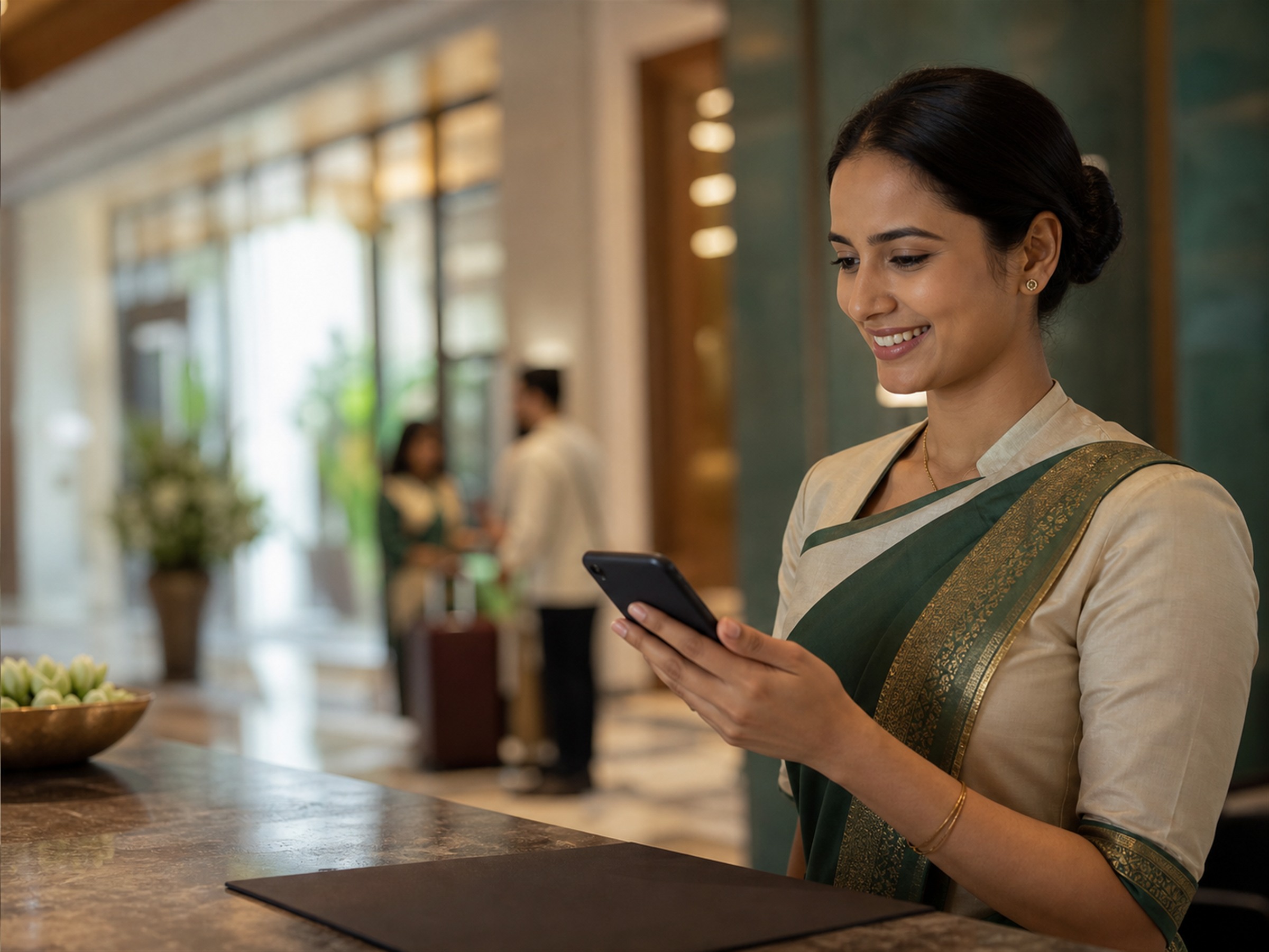 Indian hotel staff member using a phone in a warmly lit reception area