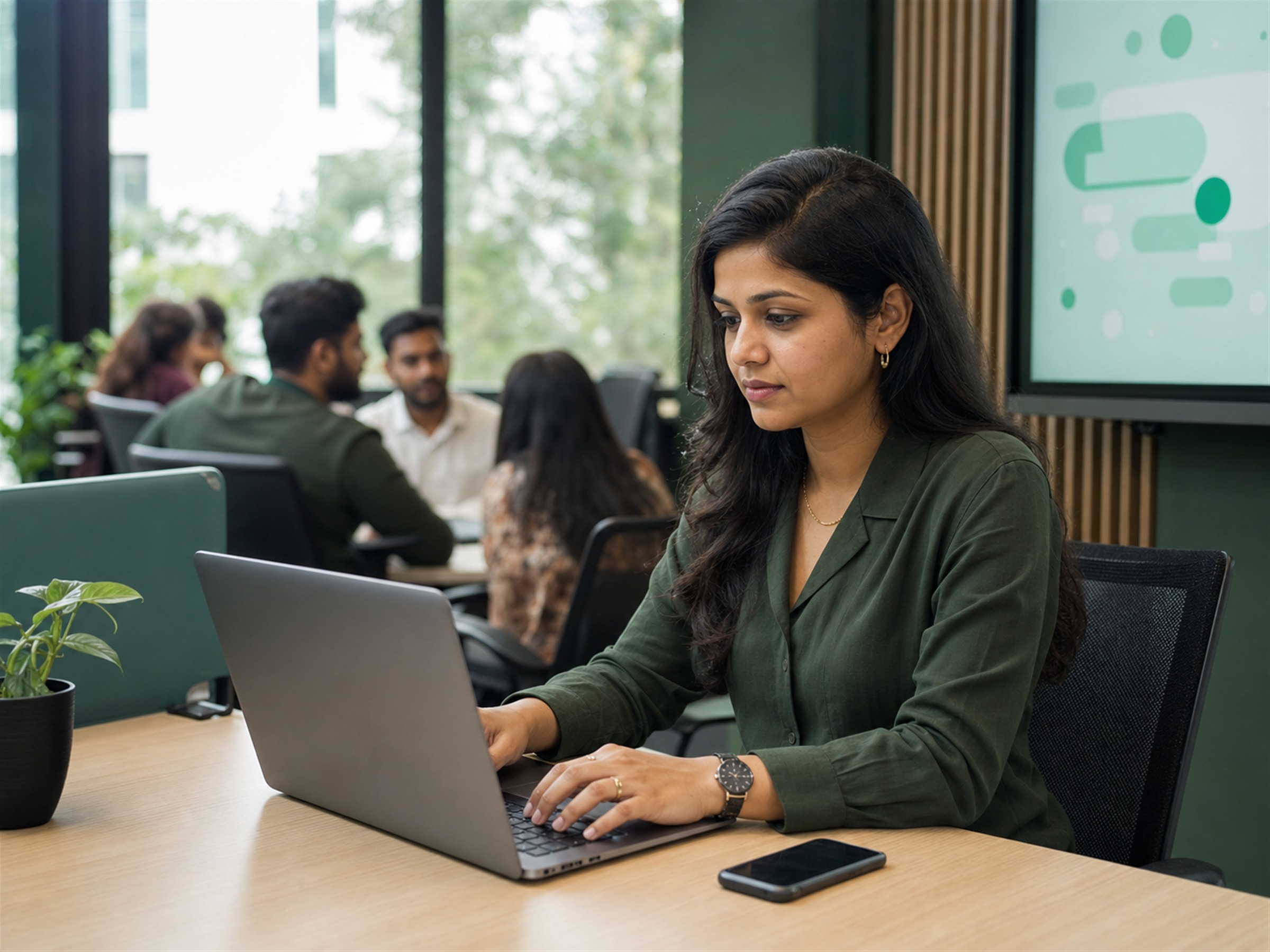 Indian customer success specialist working with a laptop and phone in a modern office