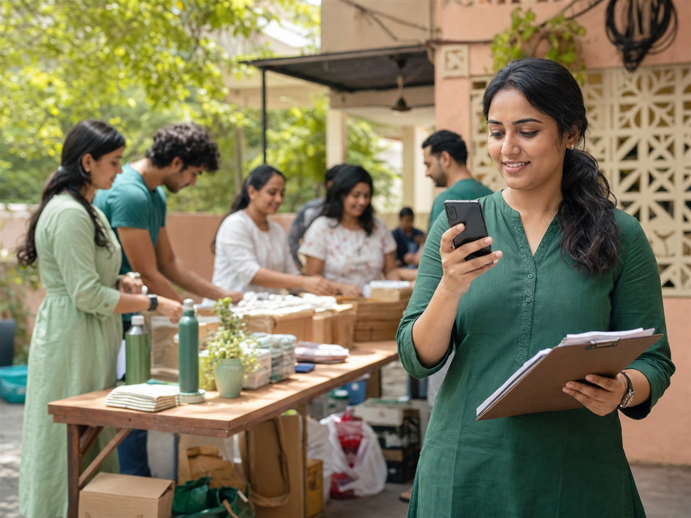 Indian nonprofit coordinator organising volunteers by smartphone at a community outreach event