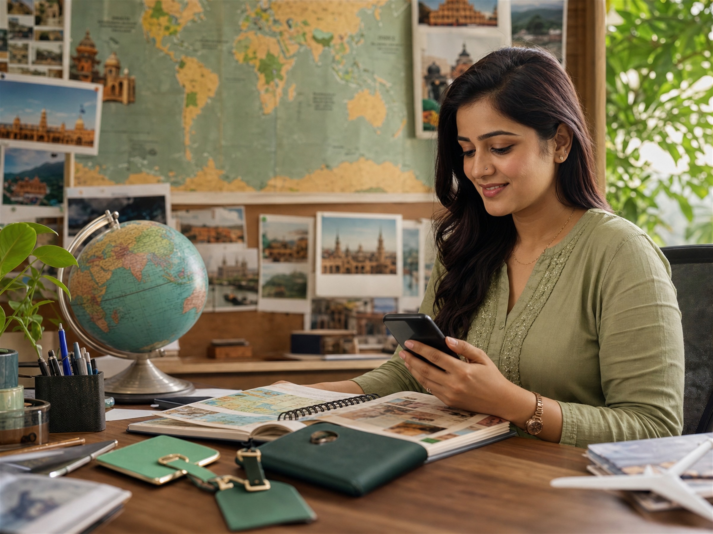 Indian travel consultant planning a customer itinerary with a smartphone, maps and destination materials