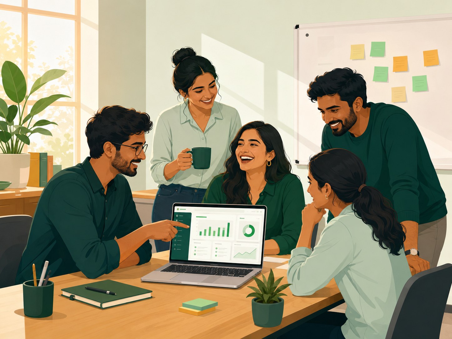 Illustration of the Agnistoka Technology team collaborating around a laptop showing AyuChat product analytics in their office