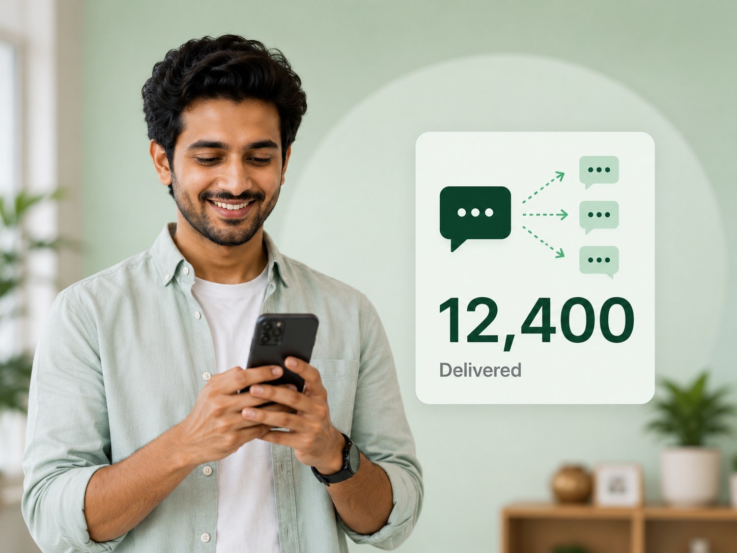 Indian business owner sending a WhatsApp broadcast campaign using AyuChat