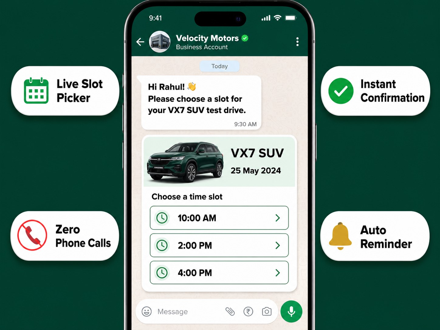 Velocity Motors WhatsApp test-drive slot picker with three appointment times and automatic confirmation