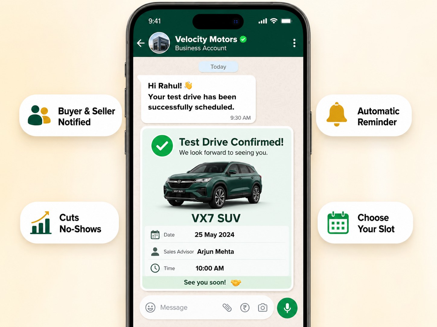 Velocity Motors WhatsApp test-drive confirmation with vehicle, date, sales advisor and appointment time