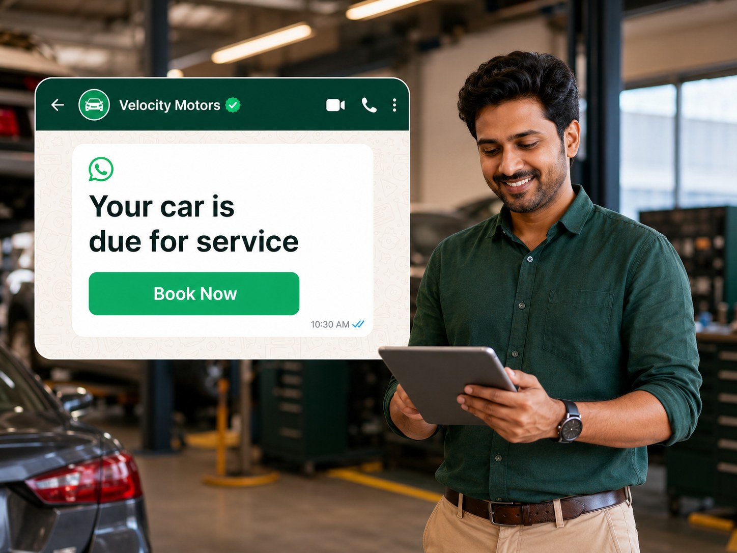 Automobile service advisor managing a WhatsApp car service reminder with a Book Now button