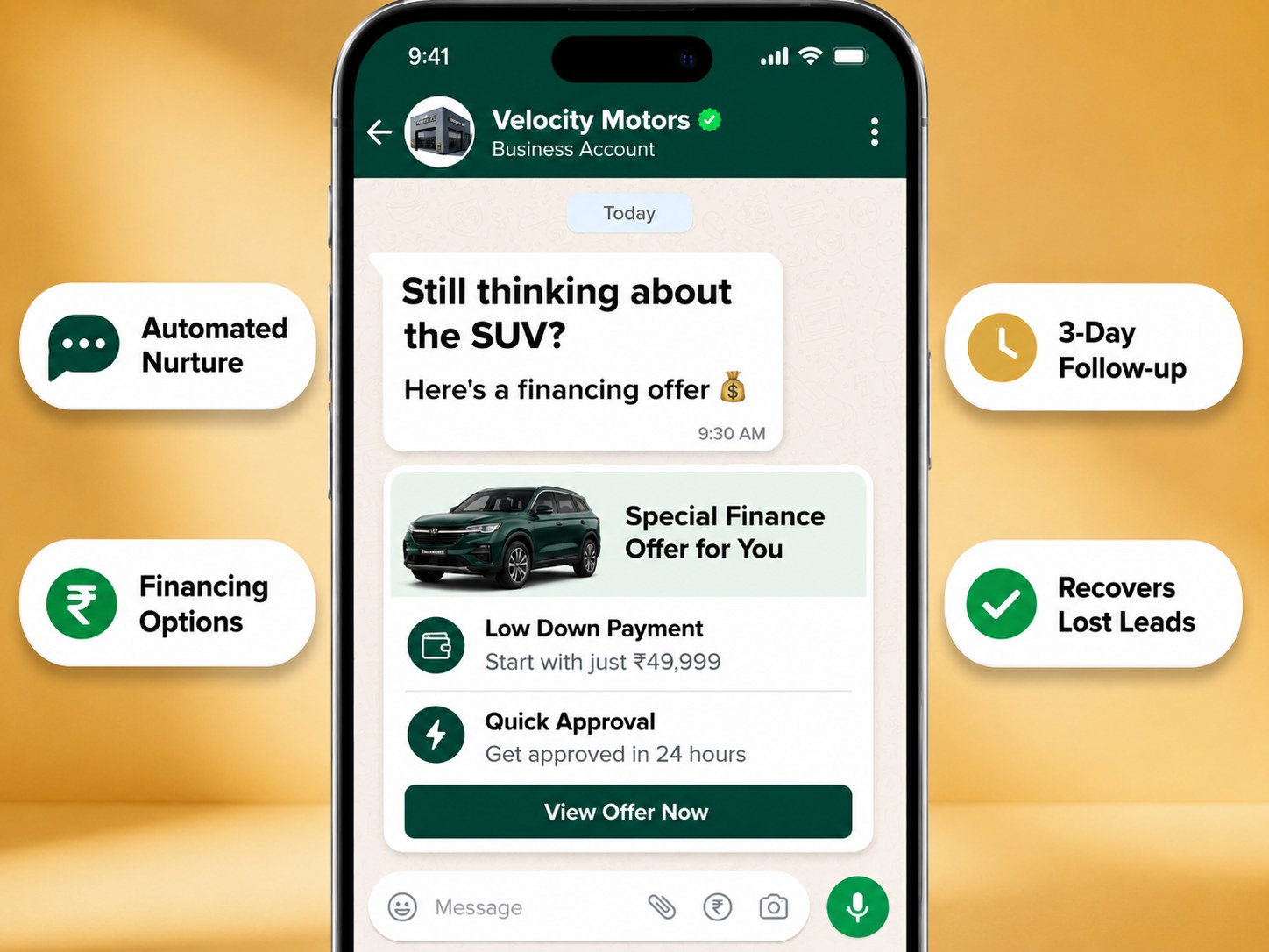 Velocity Motors WhatsApp follow-up sharing a tailored SUV financing offer with a showroom visitor