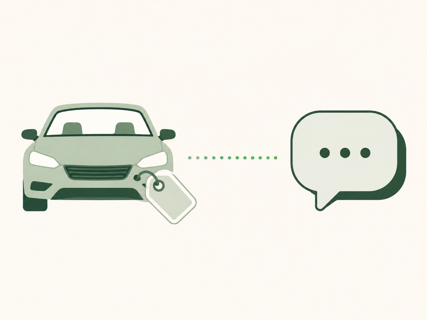 Illustration of an automobile price tag connected to a WhatsApp model and pricing enquiry