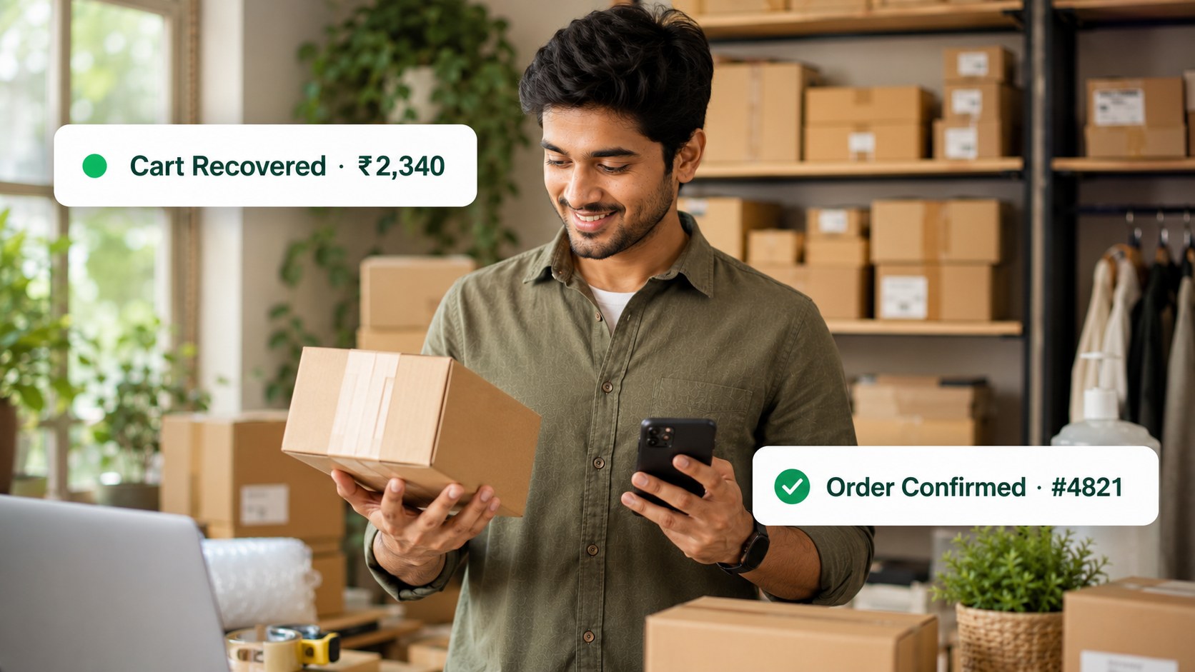 D2C business owner recovering an abandoned cart and confirming an order via AyuChat on WhatsApp