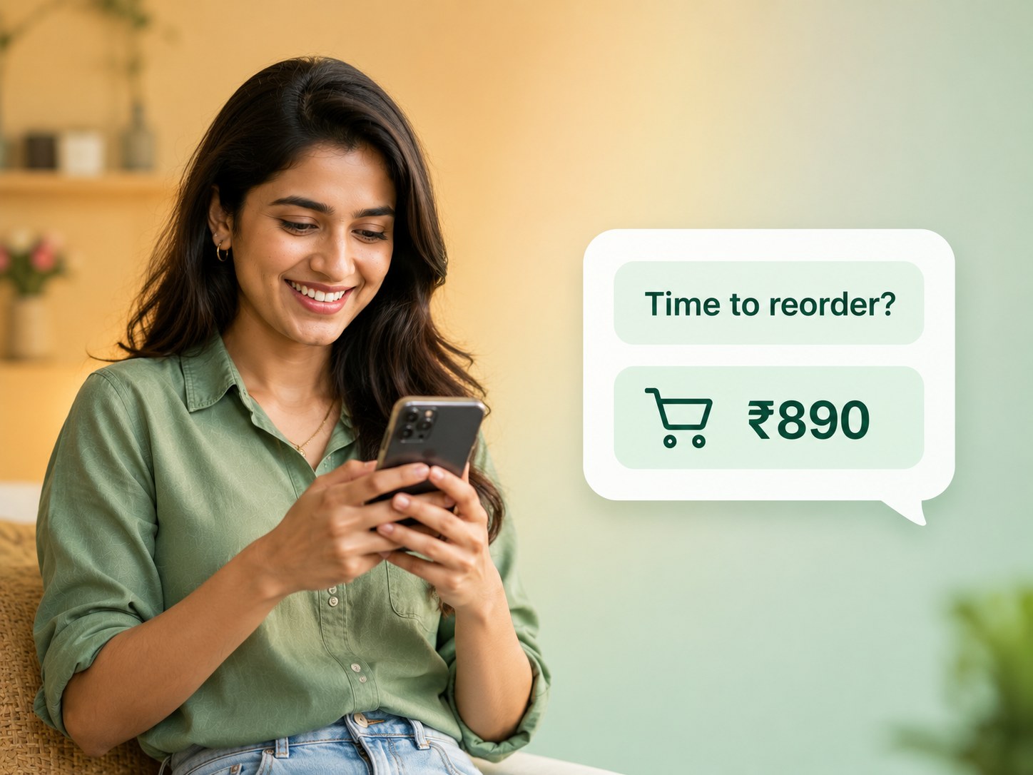 WhatsApp reorder reminder with pre-filled cart for repeat customers