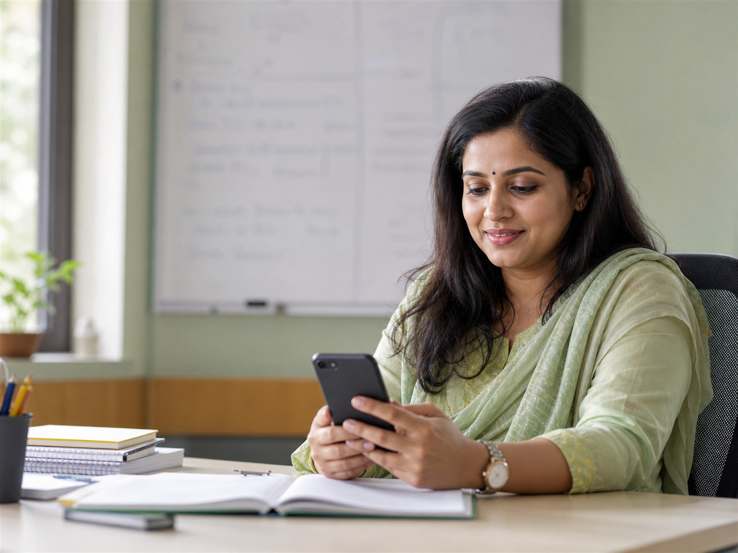 Indian education counsellor responding to student enquiries from a desk