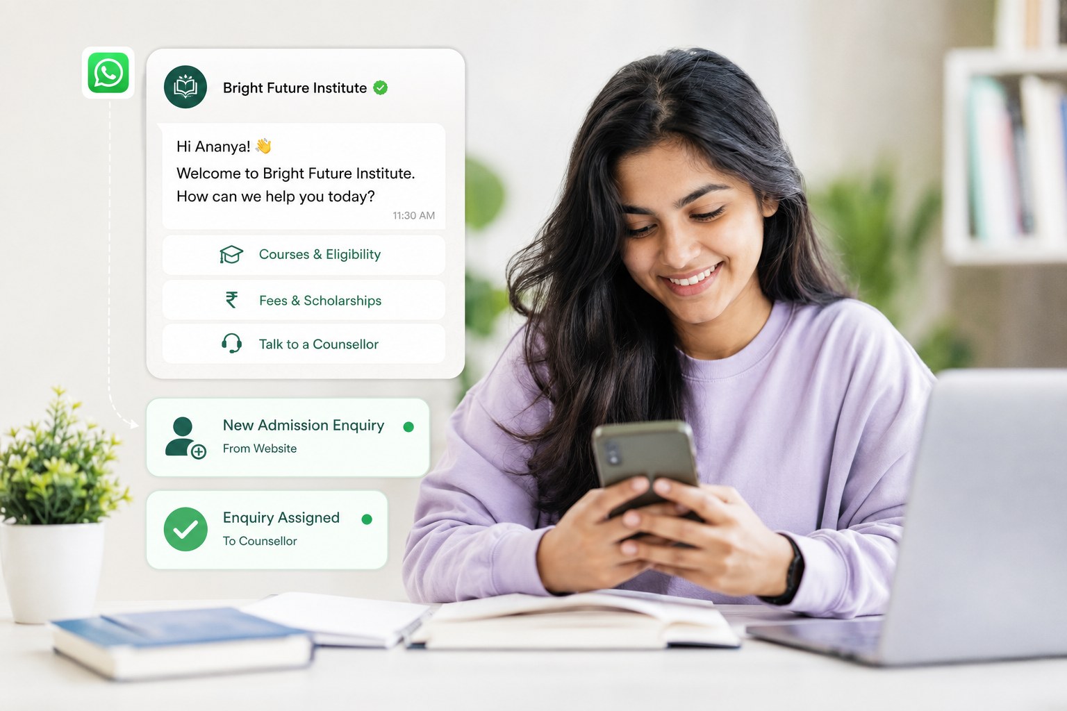WhatsApp chat showing automated admission enquiry replies with course options