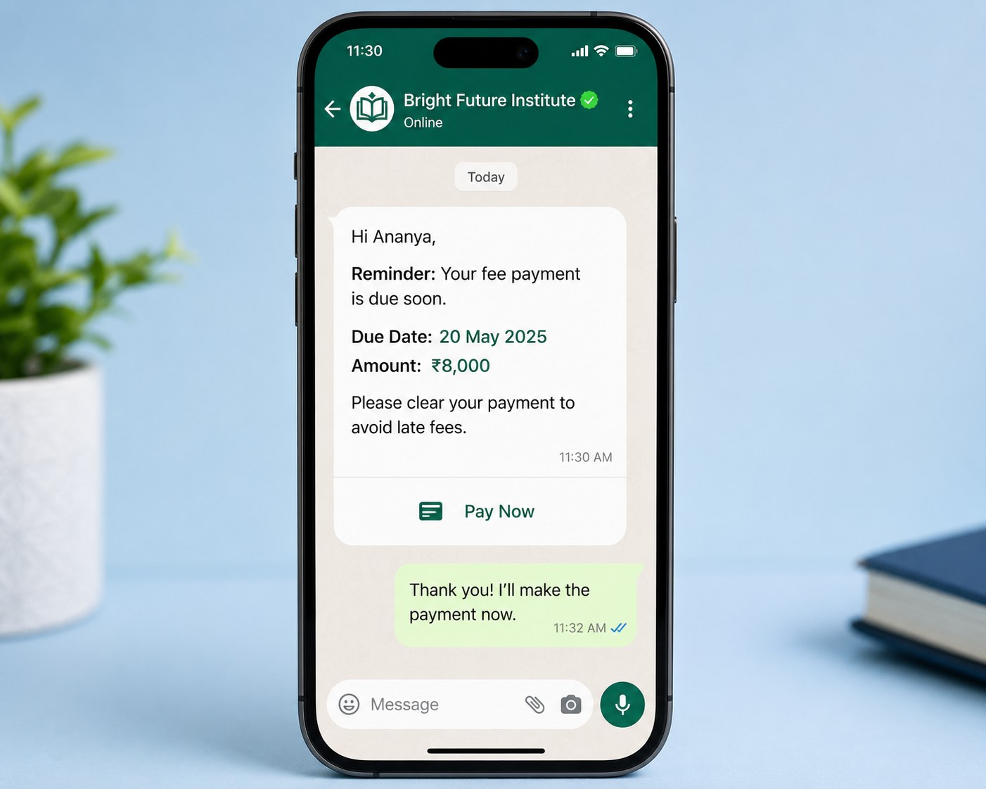 Parent receiving an automated WhatsApp fee payment reminder with a pay link