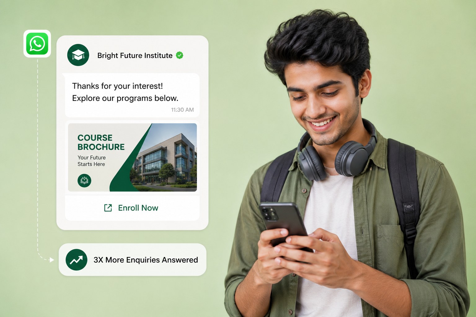 Student receiving an instant WhatsApp reply to a course enquiry