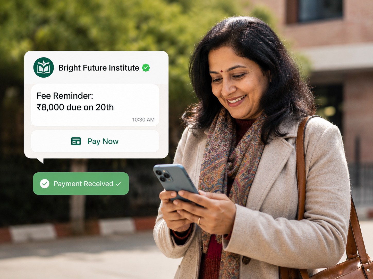 WhatsApp fee reminder message with a pay now button for students