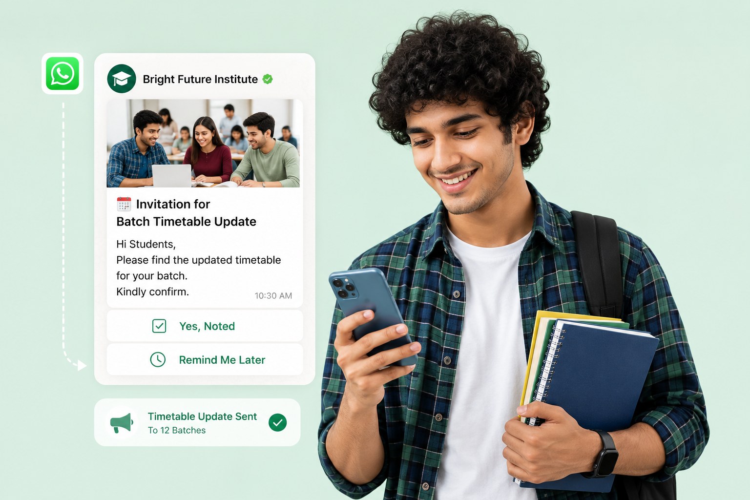 Student receiving a WhatsApp broadcast about a batch timetable update