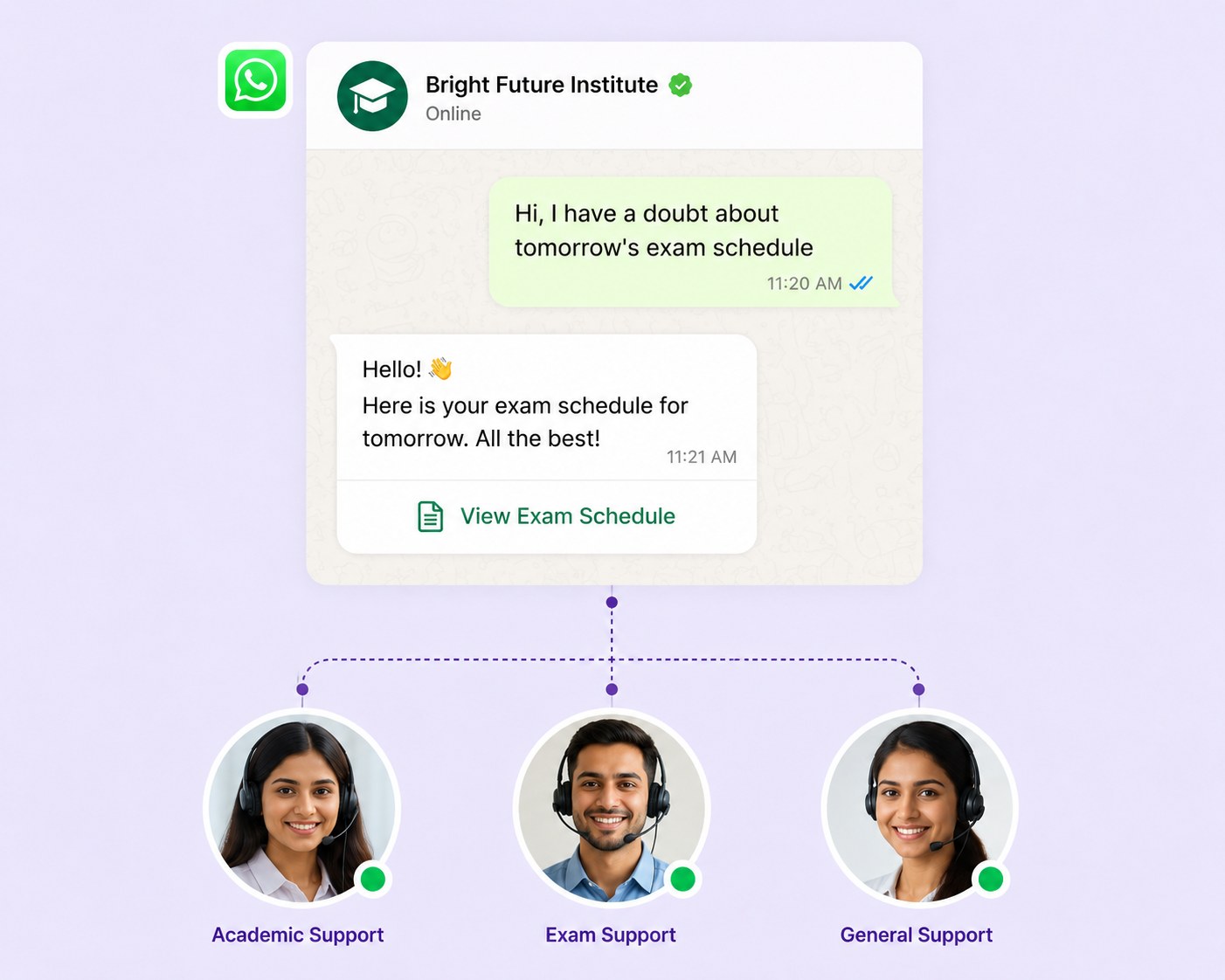 WhatsApp support bot answering a student's exam schedule question