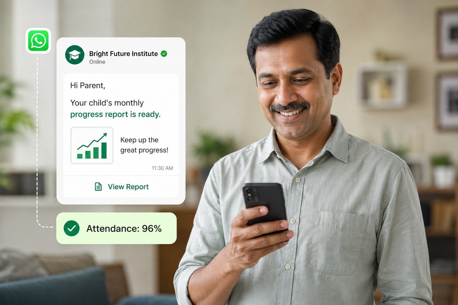 Parent receiving a WhatsApp progress and attendance update for their child