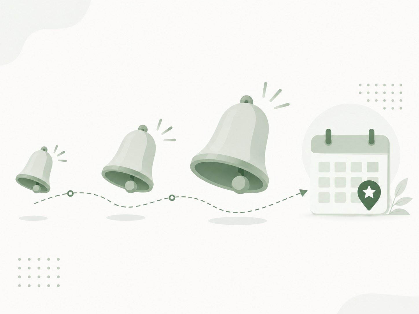 Three reminder bells progressing along a timeline toward a scheduled event on a calendar