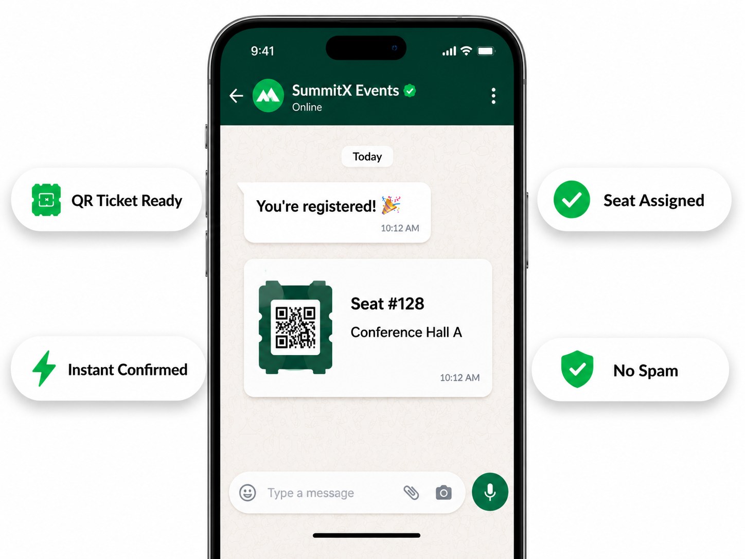 SummitX Events WhatsApp registration confirmation with a QR ticket, assigned seat and instant confirmation badges
