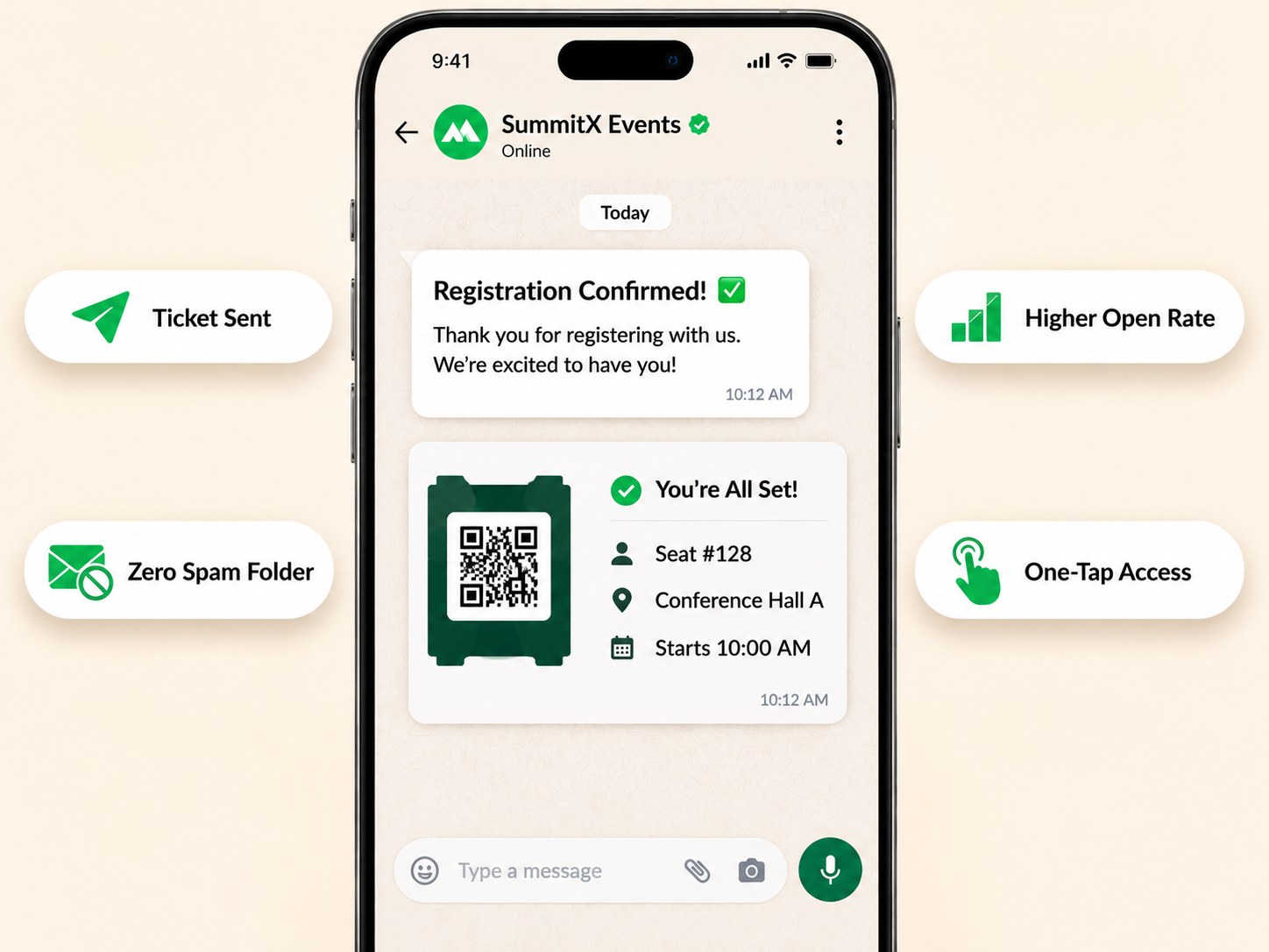 SummitX Events WhatsApp RSVP confirmation with a QR ticket, seat number, venue and start time