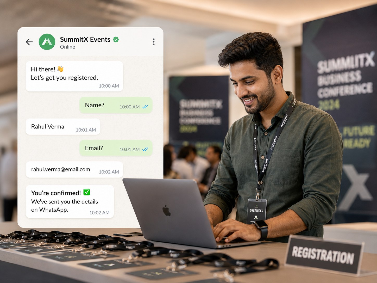 Indian event organiser using a WhatsApp conversation to collect a registrant's name and email and confirm attendance