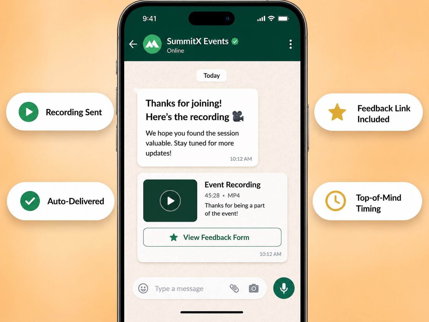 SummitX Events WhatsApp follow-up delivering an event recording and feedback form after attendance