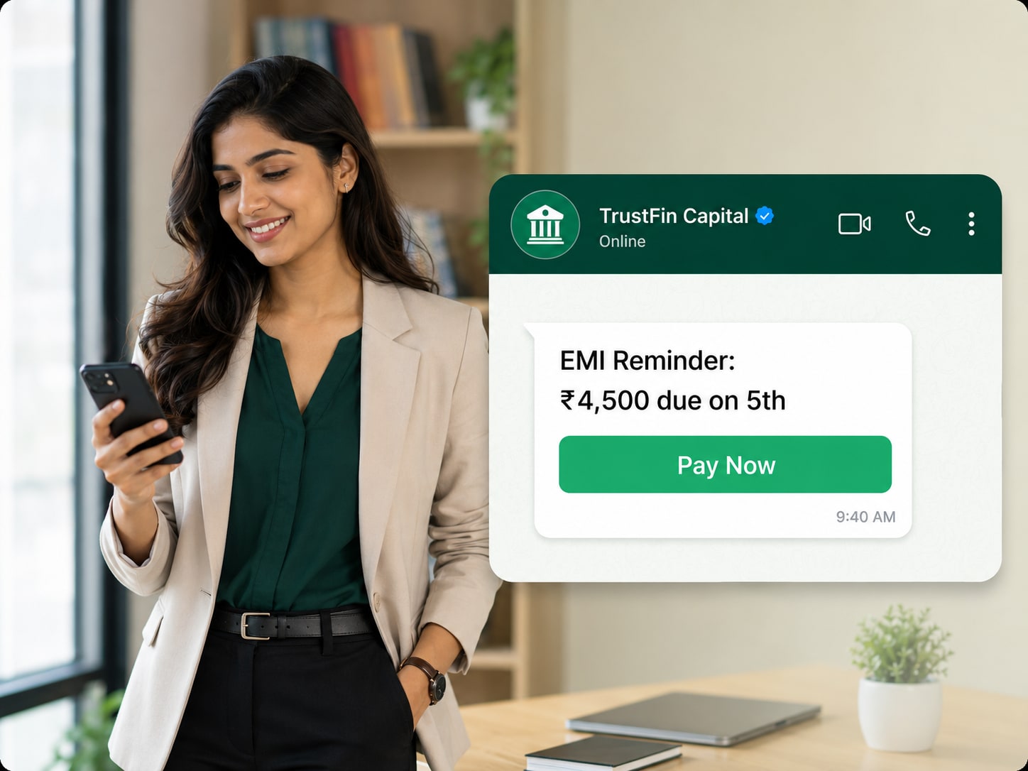 WhatsApp EMI payment reminder message on phone
