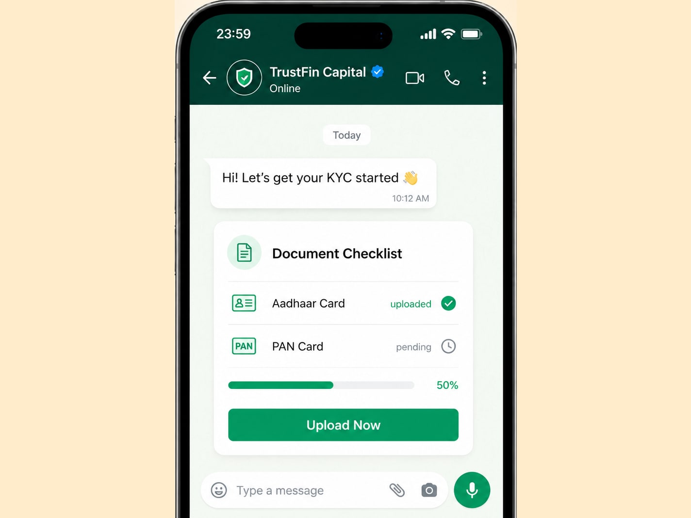 WhatsApp chat showing KYC document upload checklist