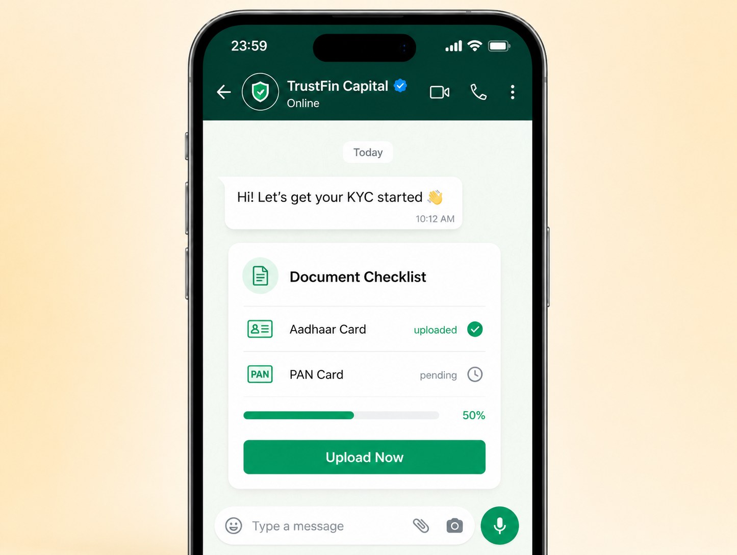 Phone showing WhatsApp KYC onboarding checklist