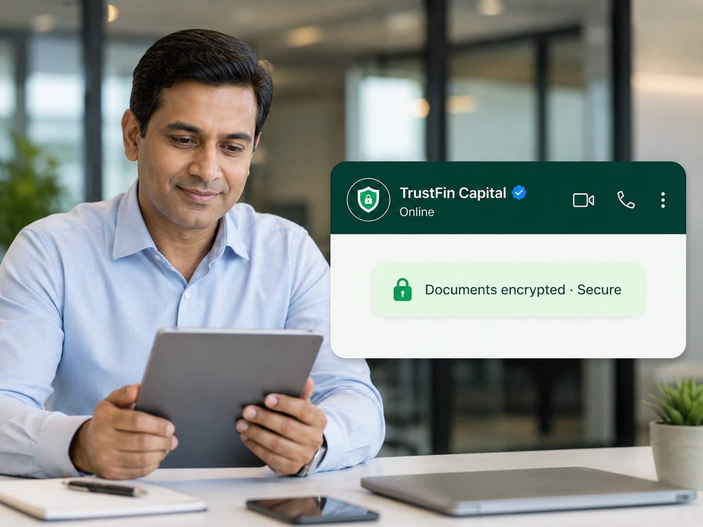 Financial advisor with secure WhatsApp document encryption status