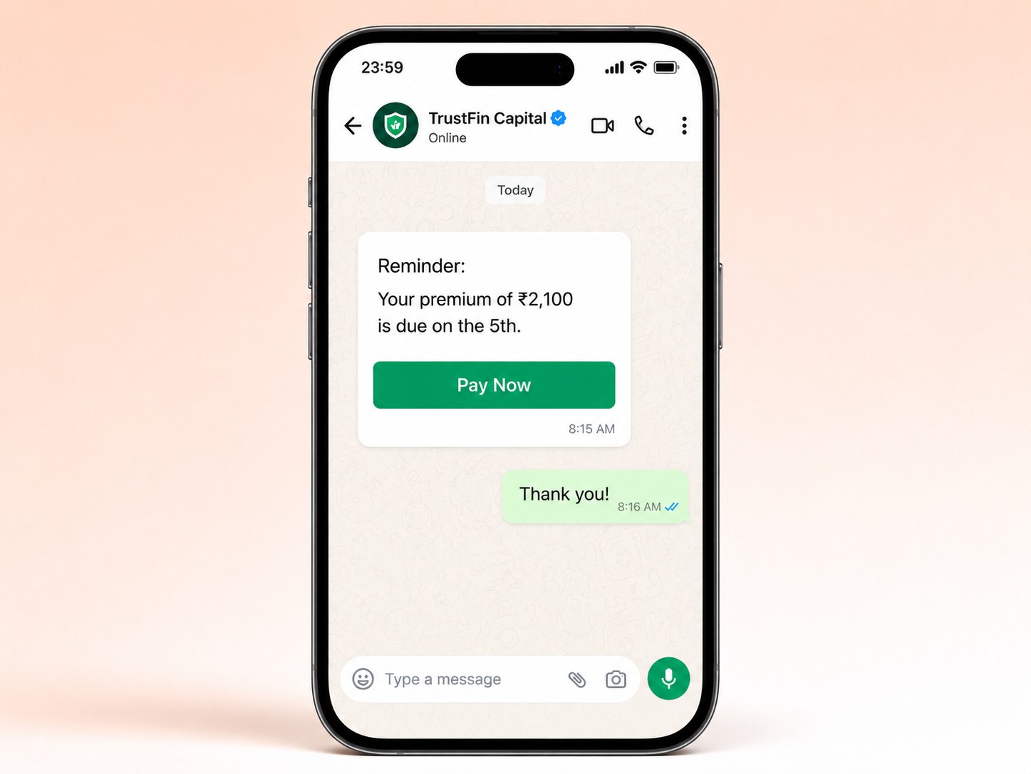 WhatsApp premium payment reminder with Pay Now button