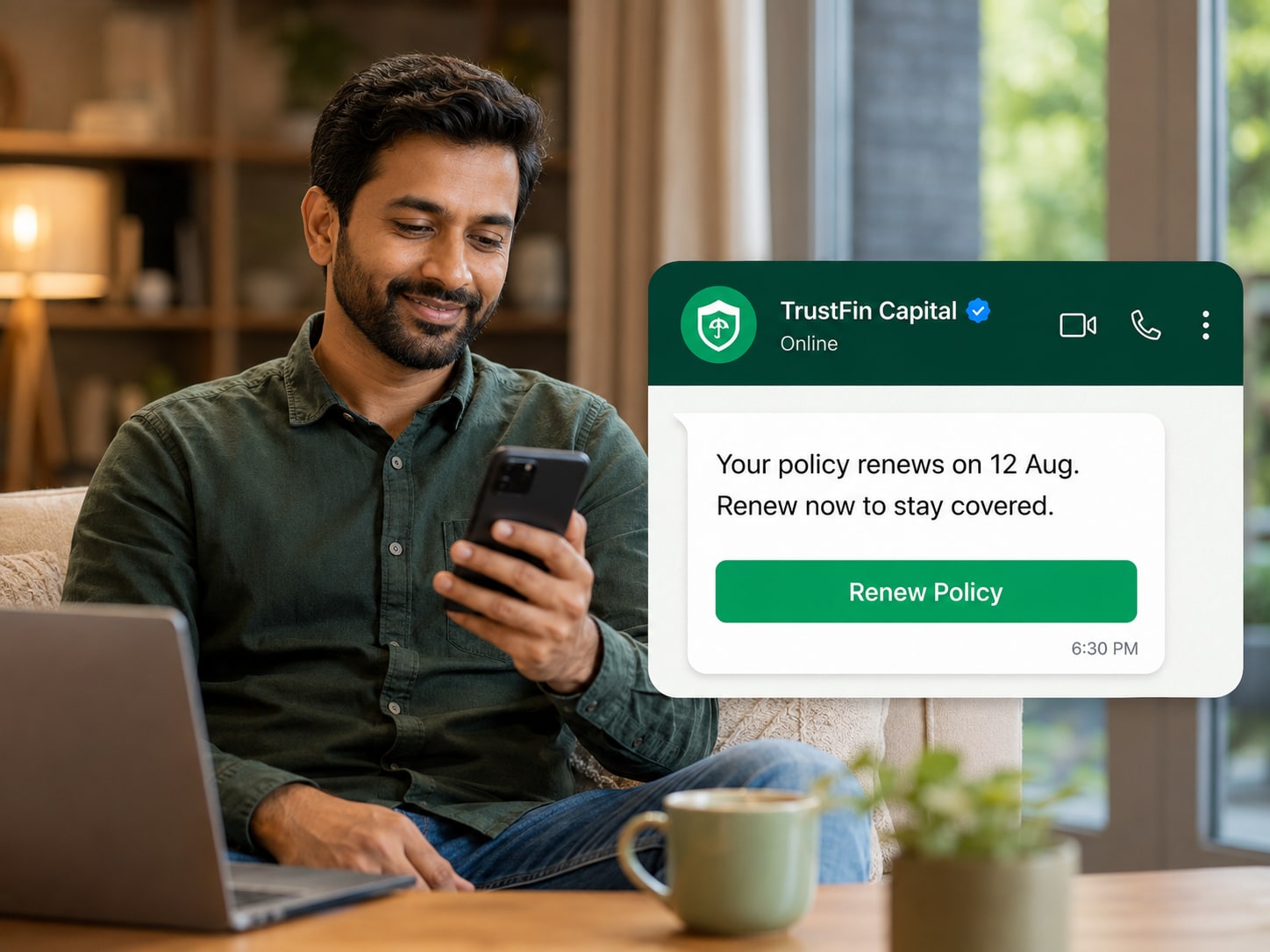 Customer receiving WhatsApp policy renewal reminder