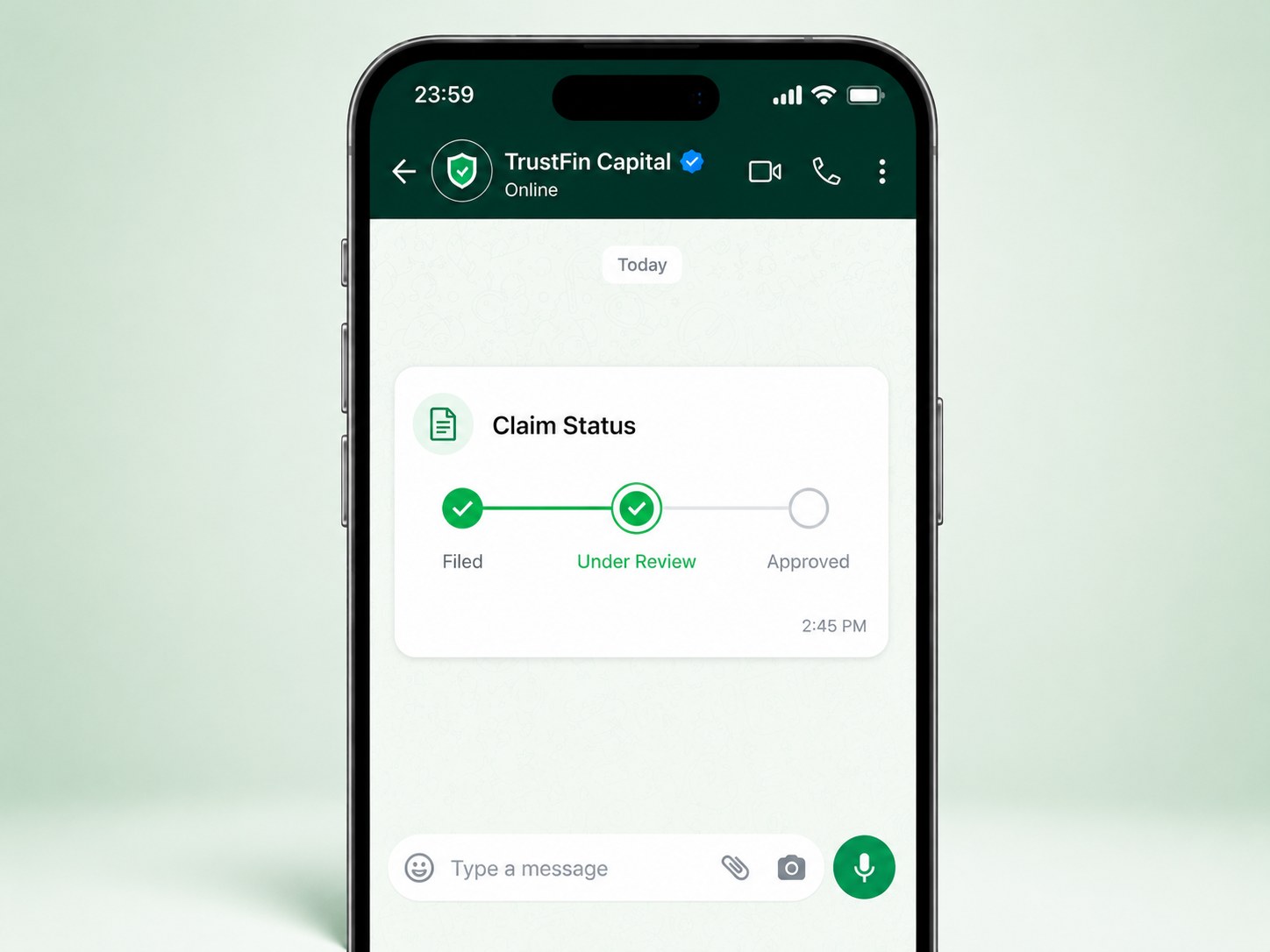 WhatsApp claim status timeline showing filed, under review, approved