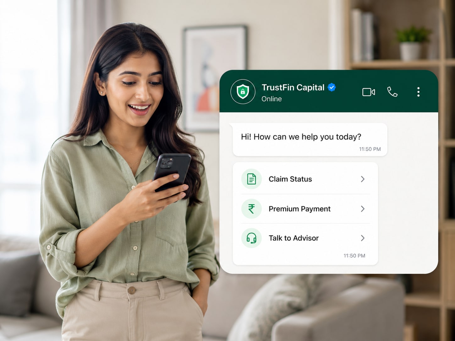 Customer chatting with 24/7 WhatsApp support bot