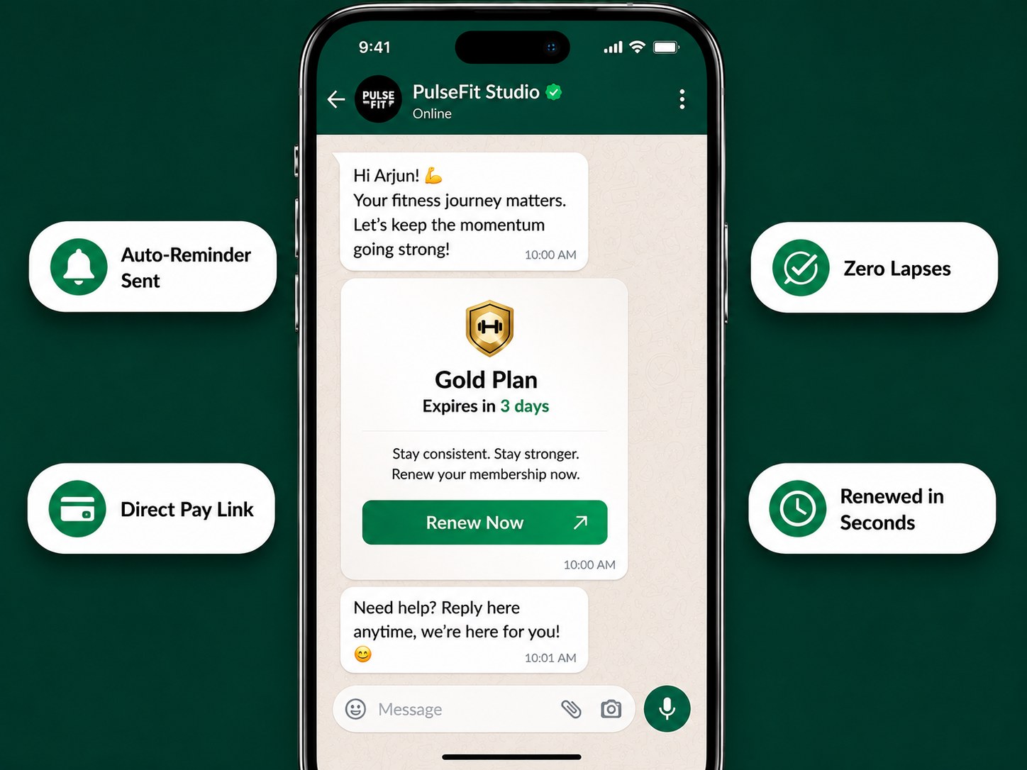 PulseFit Studio WhatsApp membership renewal reminder with a Gold Plan payment link and renewal status badges