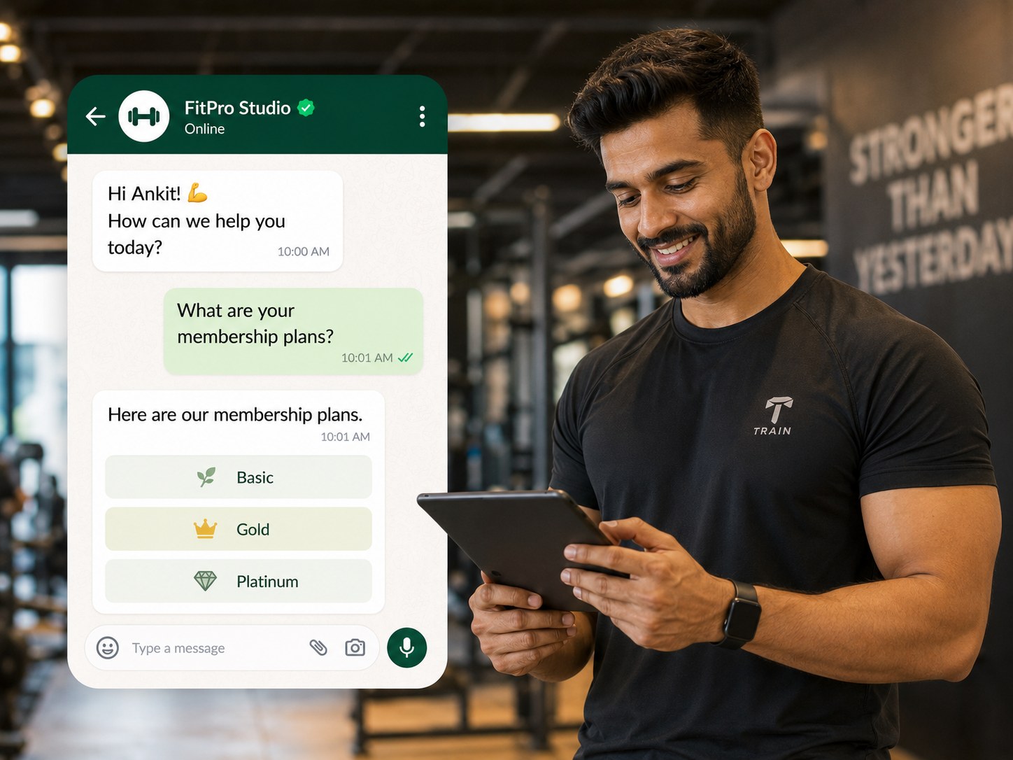 Indian fitness trainer presenting Basic, Gold and Platinum membership plans through WhatsApp
