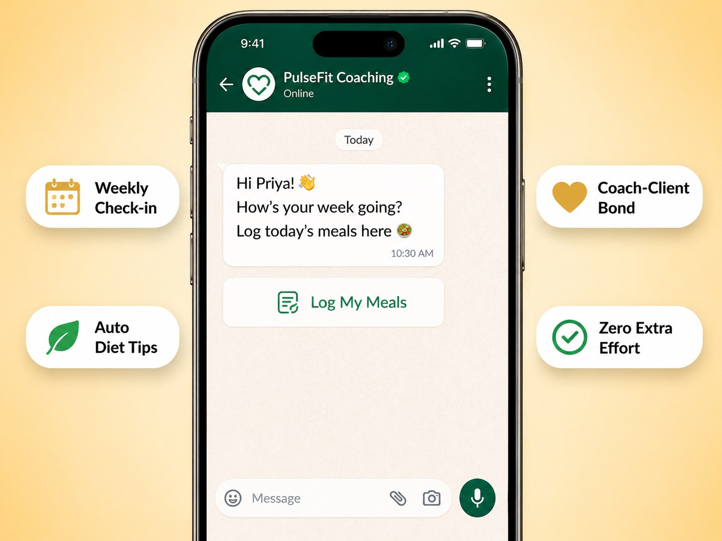 PulseFit Coaching WhatsApp weekly diet check-in prompting a client to log meals