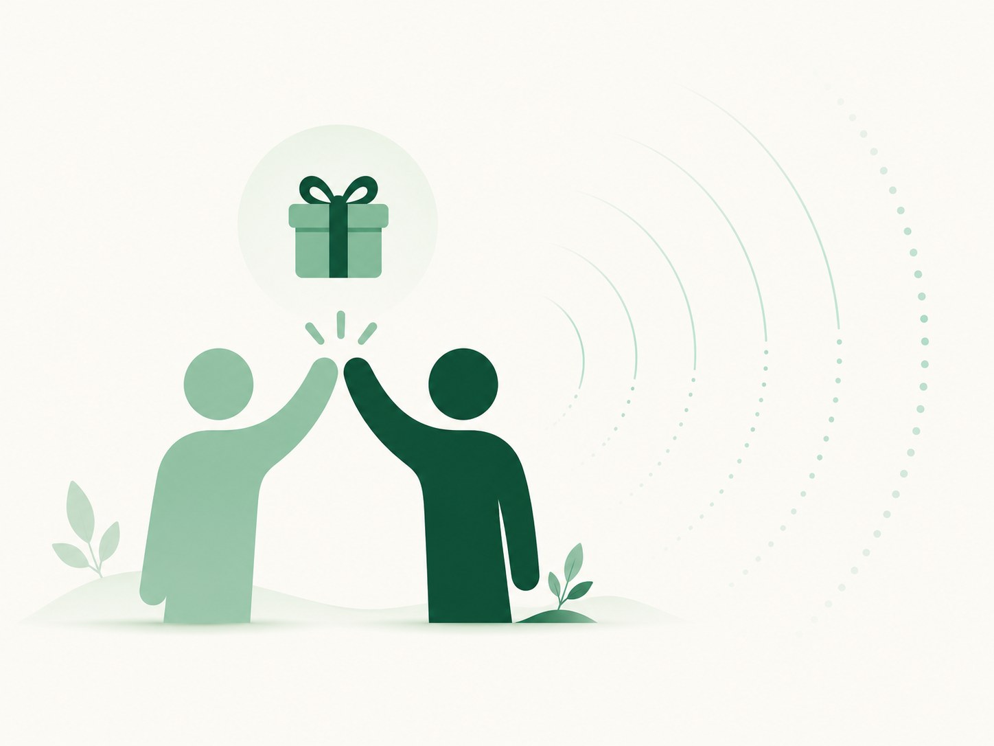 Two fitness community members high-fiving beneath a shared referral gift with broadcast ripples