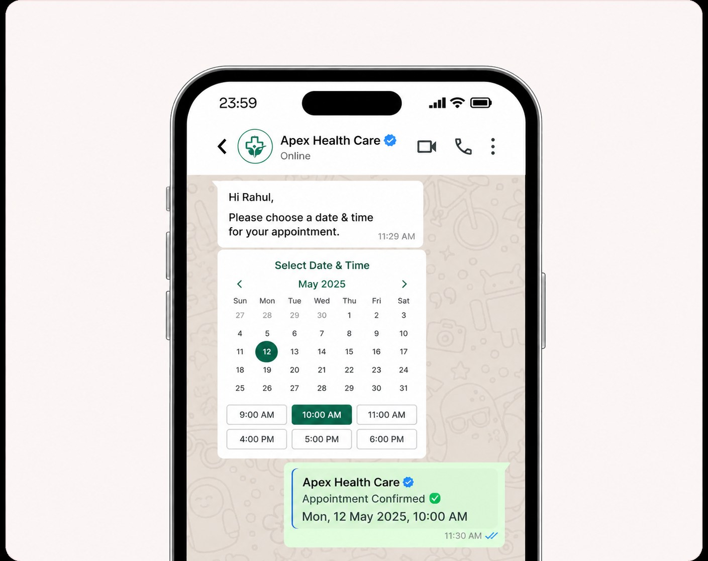 WhatsApp appointment slot picker with a confirmed booking card