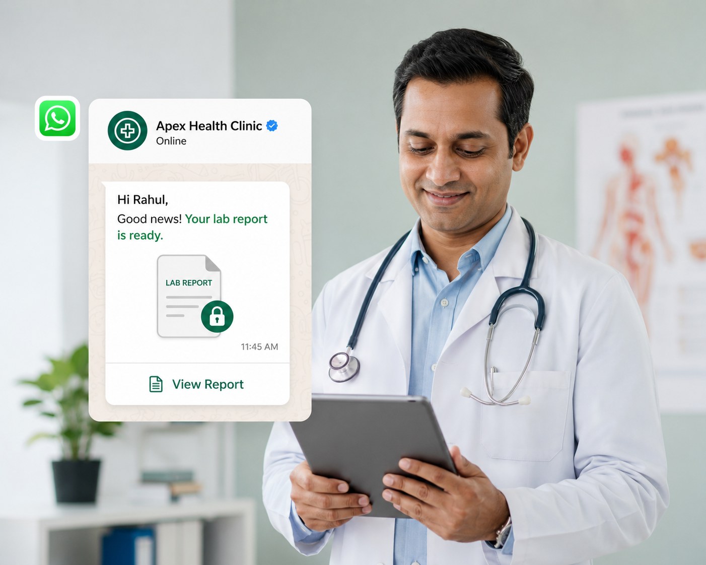 Doctor sharing a lab report securely with a patient via WhatsApp