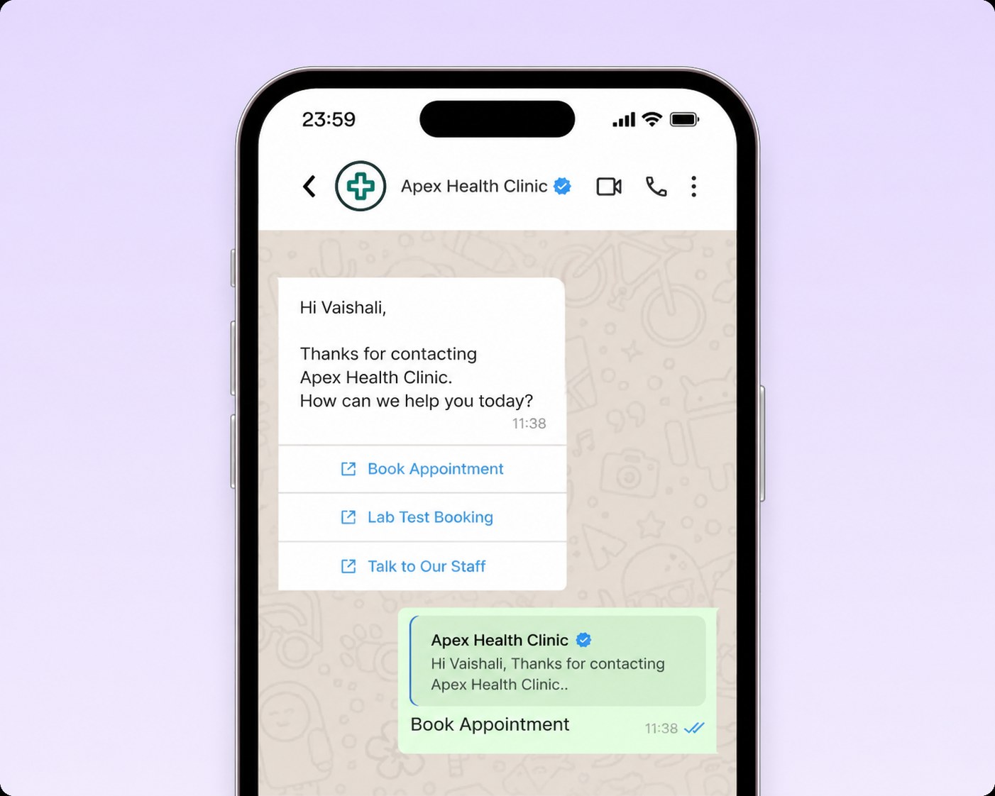 WhatsApp appointment calendar and confirmation for a clinic booking