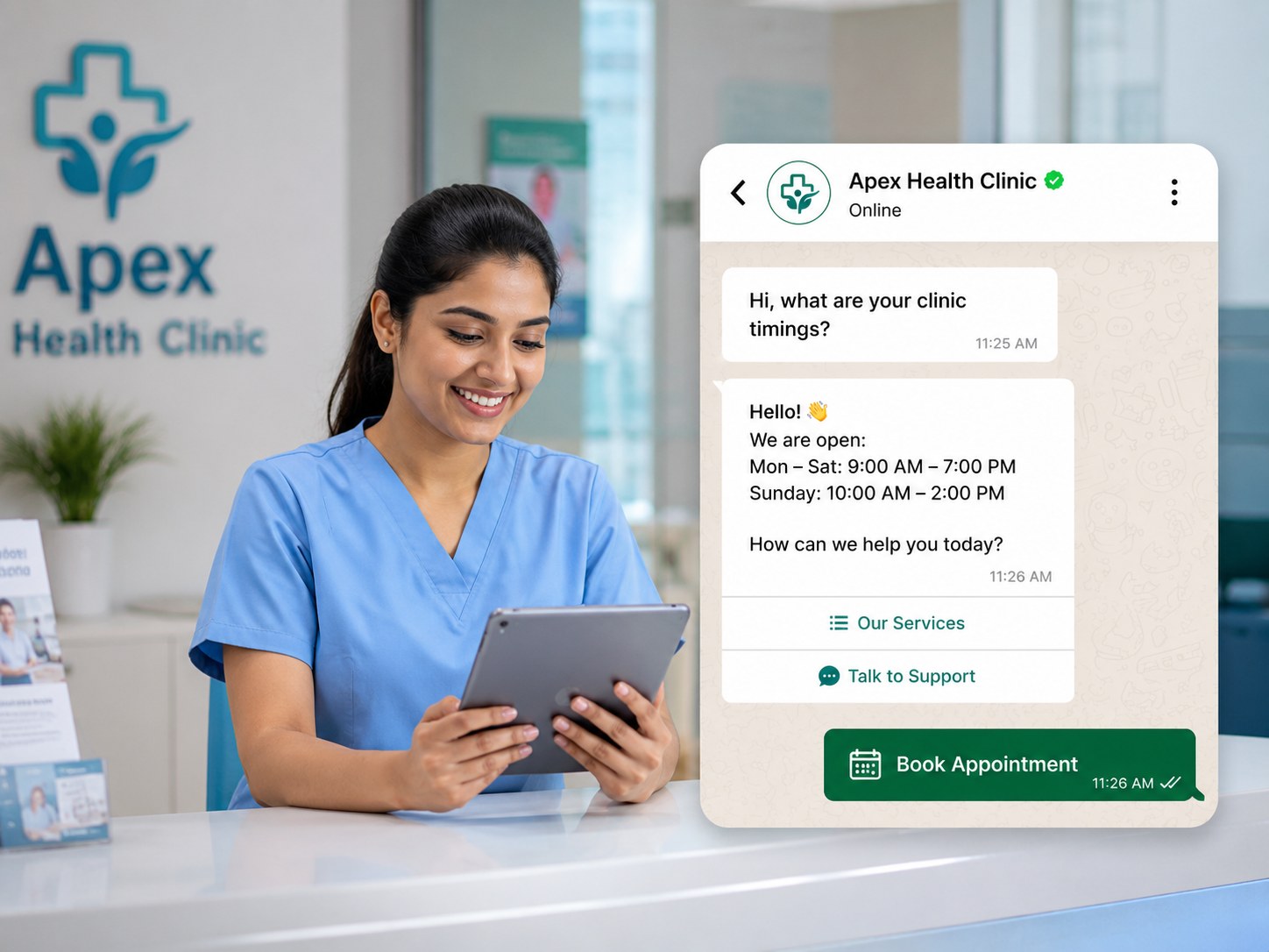 Clinic receptionist converting a WhatsApp enquiry into a booked appointment
