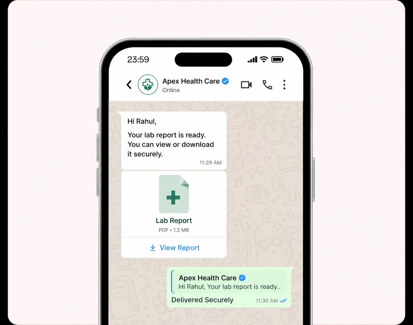 Lab report being delivered securely to a patient's phone via WhatsApp