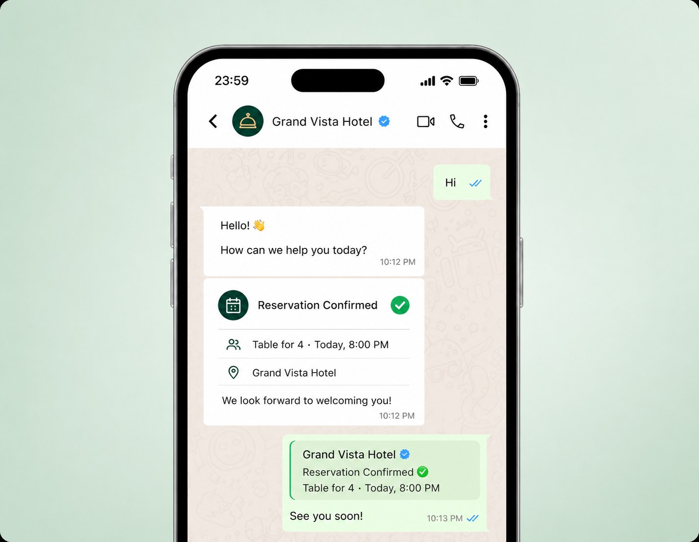 WhatsApp table reservation confirmation card for a hotel guest