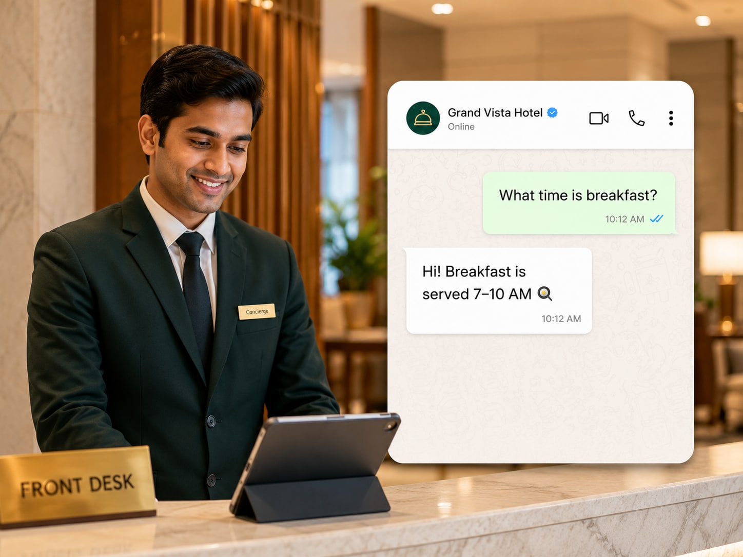 Hotel front-desk staff answering a guest query via WhatsApp