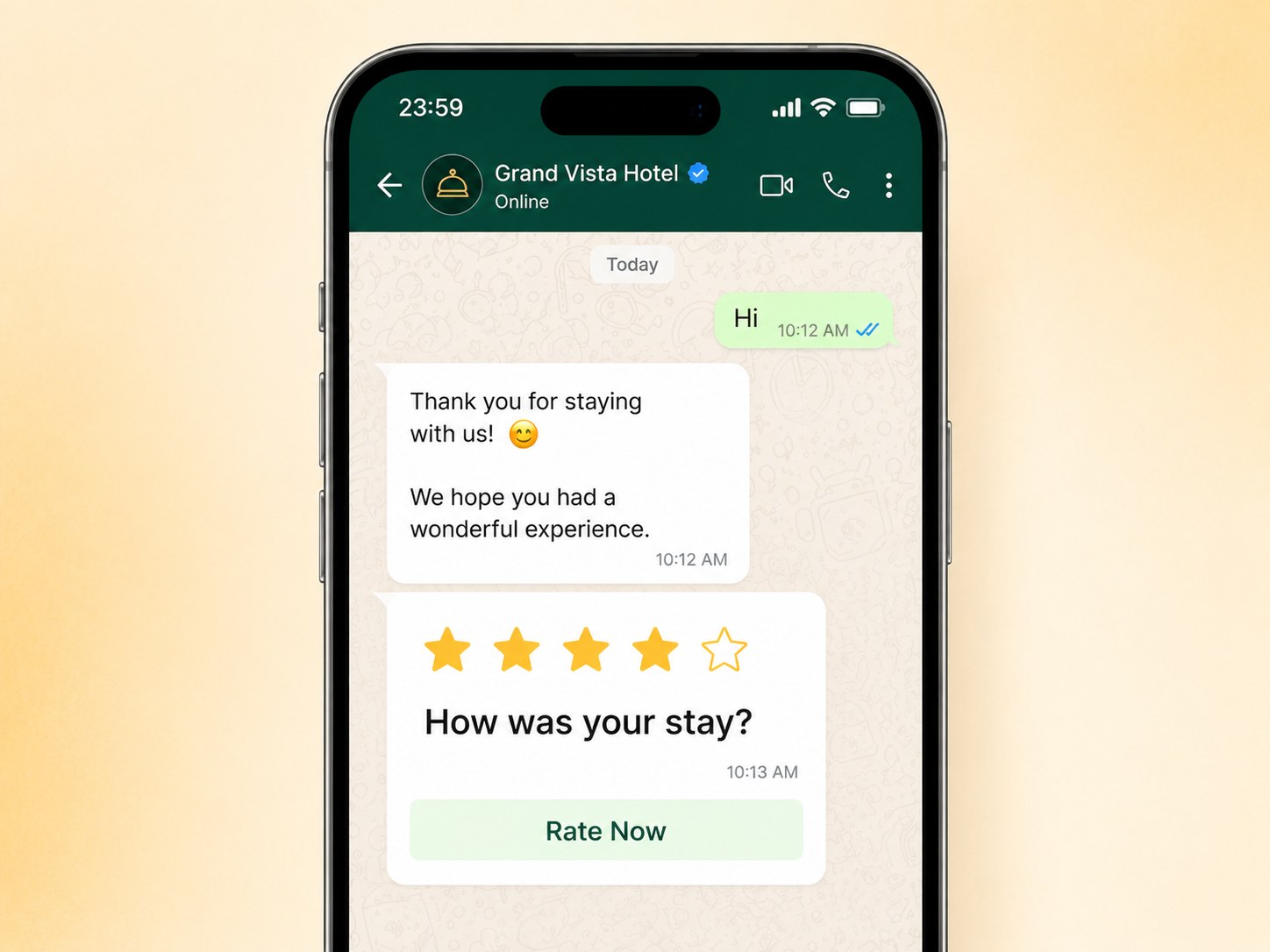 WhatsApp message requesting a guest rating right after checkout