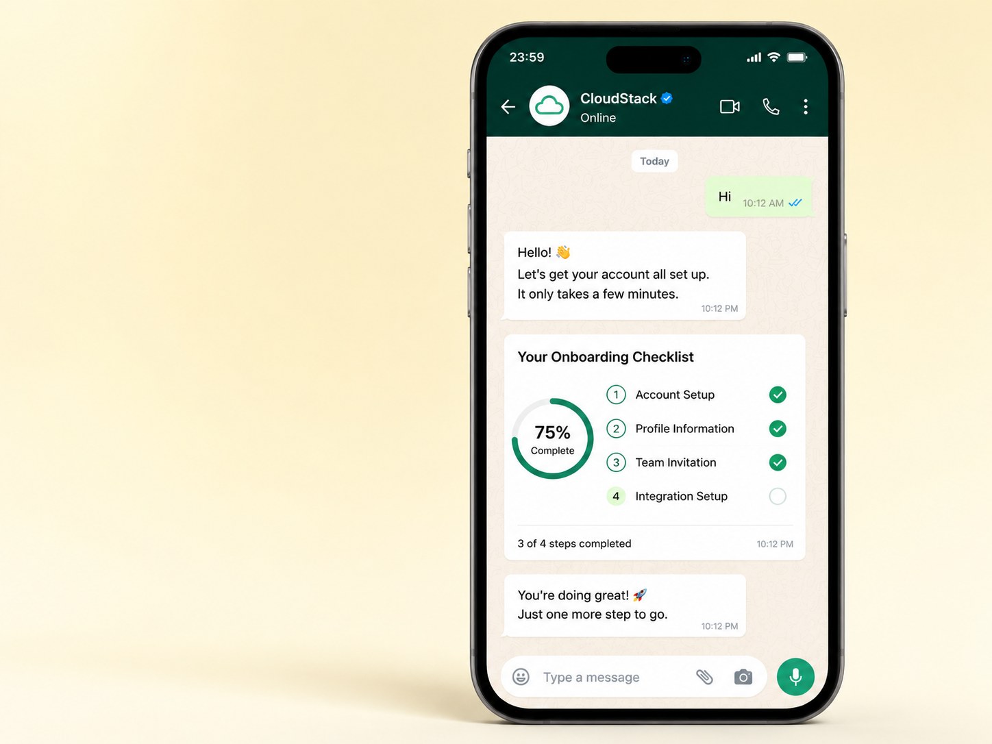 Phone showing a guided WhatsApp onboarding checklist at 75 percent completion